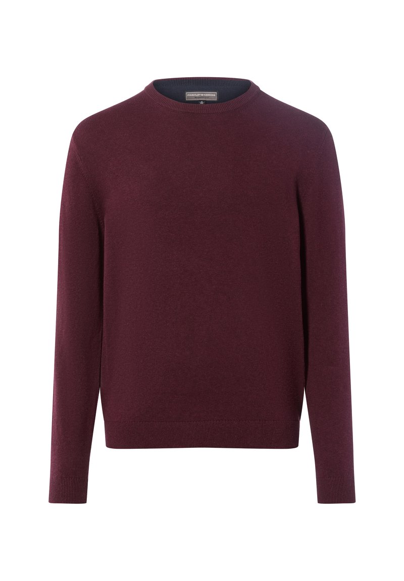 Bordeaux crewneck trui van zachte stof; lange mouwen met ribgebreide manchetten en zoom; gladde textuur met minimale details.