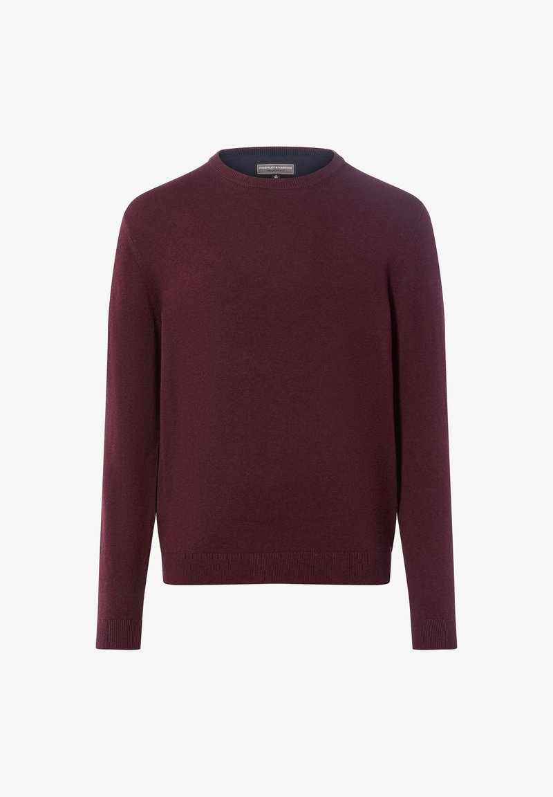 Burgundowy sweter z okrągłym dekoltem wykonany z miękkiego materiału; długie rękawy z ściągaczami i wykończeniem u dołu; gładka tekstura z minimalnymi detalami.