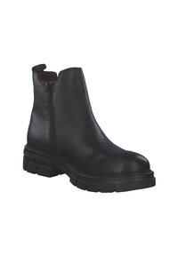 Bottine en cuir noir avec fermeture éclair sur le côté, semelle en caoutchouc texturée et détails cousus. Bout rond et tirette à l'arrière.