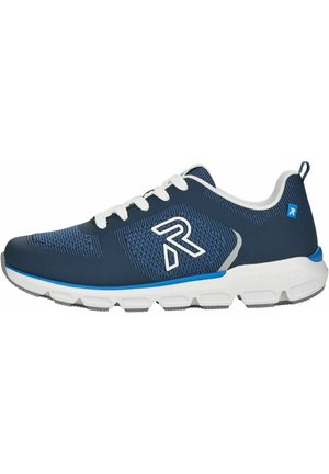 Navy blue athletic shoe with breathable mesh upper, white laces, and cushioned sole with blue accents. Features a logo on the side.