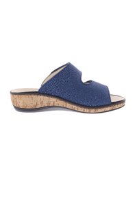 Navy blue cork wedge sandals with a textured upper, wide toe opening, and smooth beige interior. Slightly curved sole design.