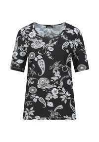T-shirt noir avec des motifs floraux et paisley blancs, à encolure ronde et manches courtes, fabriqué en tissu doux et extensible.