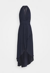 Abito da sera blu navy con scollatura all'americana, inserti in pizzo, vita aderente e orlo asimmetrico. Realizzato in tessuto morbido con una silhouette fluida.