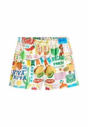 Krátke farebné šortky s potlačou mexických jedál vrátane tacos, avokád, chilli, cenoviek a sviatočných zástav.