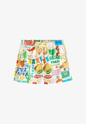 Rövid, színes rövidnadrág mexikói étel témájú mintával, amely tacókat, avokádókat, chilipaprikát, árakat és ünnepi zászlókat ábrázol.