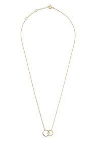 Collier en chaîne d'or délicate avec deux pendentifs cercles ouverts entrelacés et un fermoir à ressort avec boucles réglables.