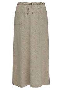 Jupe beige longueur genou avec taille élastique, cordon de serrage, deux poches avant et fente latérale sur fond uni.