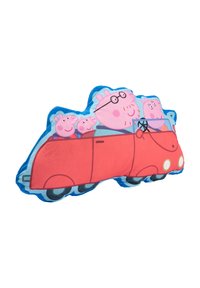 Cuscino morbido rosso a forma di auto, con suini dei cartoni animati in un design colorato. Tessuto morbido con accenti blu e rosa, di varie trame.