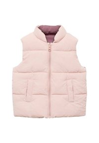 Ružový vypchatý vest s vysokým golierom, predným zipsom a dvoma bočnými vreckami. Interiér má kontrastný odtieň svetlofialovej.