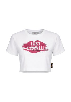 T-shirt bianca corta con grafica di labbra rosa e scritta "JUST CAVALLI LITTLE ROGUE" sul davanti, scollo rotondo, maniche corte.