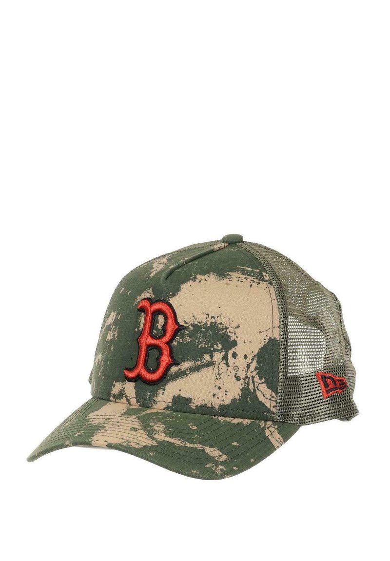 Camouflage baseball cap with a green and beige pattern. Features a red embroidered "B" logo and mesh back for breathability.