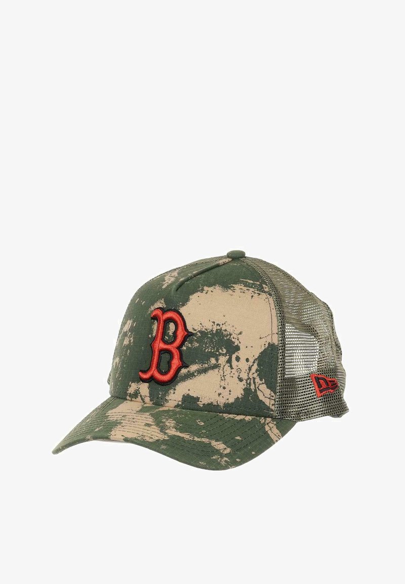 Camouflage baseball cap with a green and beige pattern. Features a red embroidered "B" logo and mesh back for breathability.