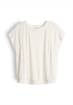 Korte mouw, losse witte t-shirt met een ronde hals en subtiele naaddetails, weergegeven op een effen witte achtergrond.