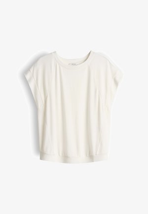 Korte mouw, losse witte t-shirt met een ronde hals en subtiele naaddetails, weergegeven op een effen witte achtergrond.