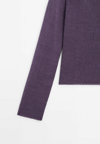 Pull violet en tricot avec manches longues, coupe décontractée et tissu texturé ; présente un ourlet droit et des poignets côtelés.
