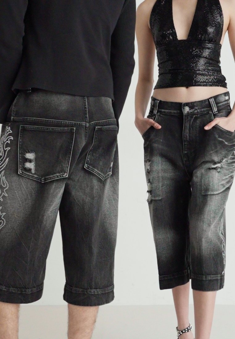 Jaded London CRYSTALLINE JORTS UNISEX - Denim shorts - black