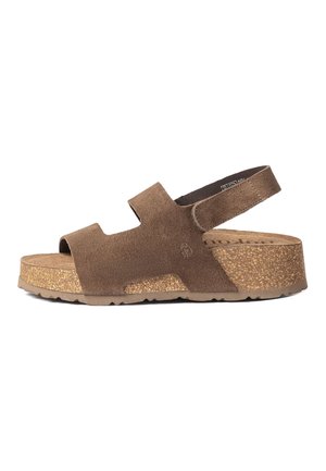 Brown suede open-toe sandal with adjustable ankle strap and cork platform sole, side view on white background.