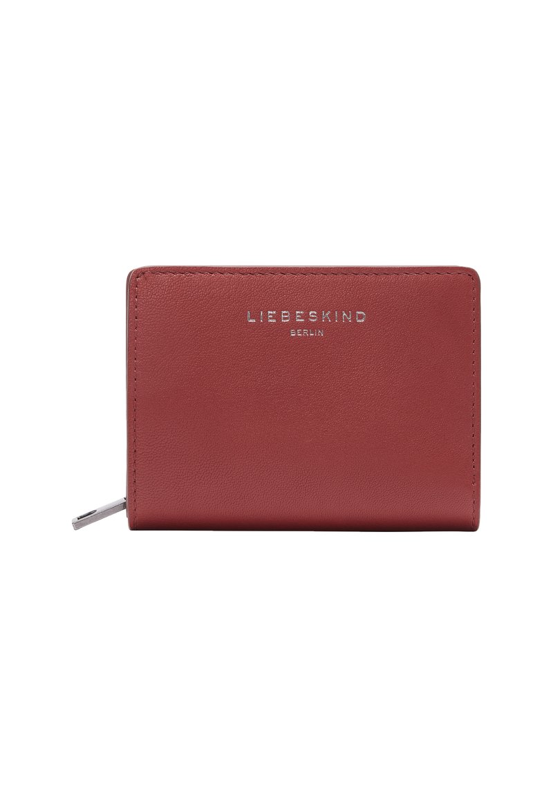 Red leather wallet featuring a smooth texture, silver embossed logo, and a zippered closure; minimalist rectangular design.