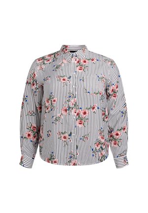 White shirt with vertical black stripes and a floral pattern featuring pink roses and blue flowers. Long-sleeved with a button-up design.