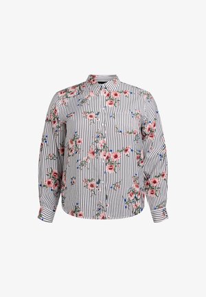 Balta marškiniai su vertikaliomis juodomis juostelėmis ir gėlių raštu, kuriame yra rožinių rožių ir mėlynų gėlių. Ilgomis rankovėmis, su mygtukų užsegimu.