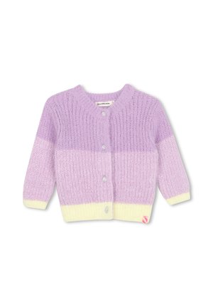 Cardigan en tricot pour enfant à manches longues, blocs de couleurs lilas et jaune pâle, avec un devant boutonné et un col rond.