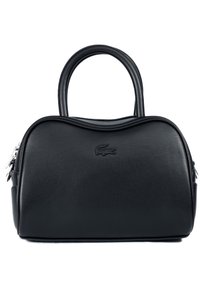 Borsa a mano in pelle nera con forma arrotondata, manici superiori e logo impresso. Presenta una chiusura con zip e una superficie liscia e testurizzata.