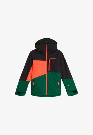 Färgglad O'Neill-jacka med svarta, orange och gröna färgblock. Den har en huva och flera zip-fickor. Slät textur.