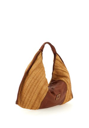 Borsa tote con pannelli intrecciati in paglia color sabbia e dettagli in pelle marrone, caratterizzata da un manico ad anello singolo e una cucitura a forma di diamante.