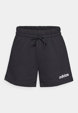 Melni sporta šorti, kas izgatavoti no mīksta auduma, ar elastīgu jostasvietu un aukliņu, kā arī ar baltu logotipu kreisajā apakšmalā.