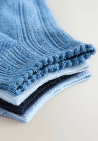 Pile de quatre chaussettes en maille côtelée pliées, dans des tons de bleu, sur une surface claire.