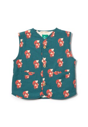 Child's vest made of teal fabric with a fox pattern in red and cream. Features a button closure and two front pockets.