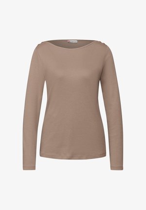 Langärmeliges, beiges Oberteil aus weichem Stoff mit weitem U-Boot-Ausschnitt und zwei dekorativen Knöpfen auf den Schultern. Glatte Textur, lässige Passform.