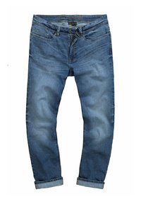 Jeans de mezclilla en azul claro con secciones desgastadas, de corte recto y con los puños doblados. Cuenta con cinco bolsillos y cierre de botonera.