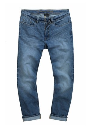 Jeans in denim blu chiaro con sezioni sbiadite, taglio dritto e orli risvoltati. Presentano cinque tasche e chiusura con bottone.