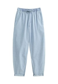 Vaaleansiniset farkut, joissa on joustava vyötärö, säädettävä kiristysnauha, sivutaskut, kapeneva lahje ja käännetyt hihnat.