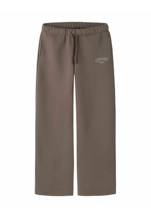 Pantalon de jogging marron à jambes larges avec ceinture élastique et cordon, poches latérales, et petit texte "London" sur la partie supérieure de la cuisse gauche.