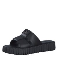 Infradito in pelle nera con cinturini imbottiti, suole spesse rigate e una fibbia decorativa nella parte anteriore, caratterizzati da un design open-toe.