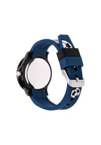 Blaues Silikonarmbanduhr mit rundem schwarzem Gehäuse, ausgestattet mit einem glatten silbernen Zifferblatt und einem Fußballmuster auf dem Band; verstellbares Armband mit Schnalle.