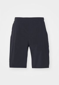 Marinblå shorts i lättviktig tyg. Har en elastisk midja och två sidofickor. Inga synliga mönster eller hårdvara.