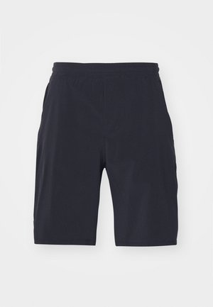 Pantaloni corti blu navy realizzati in tessuto leggero. Presentano una vita elastica e due tasche laterali. Nessun motivo o accessorio visibile.