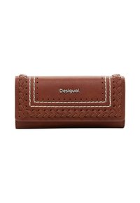 Brown leather wallet with braided design, white stitching, and a silver logo. Features a rectangular shape and smooth texture.