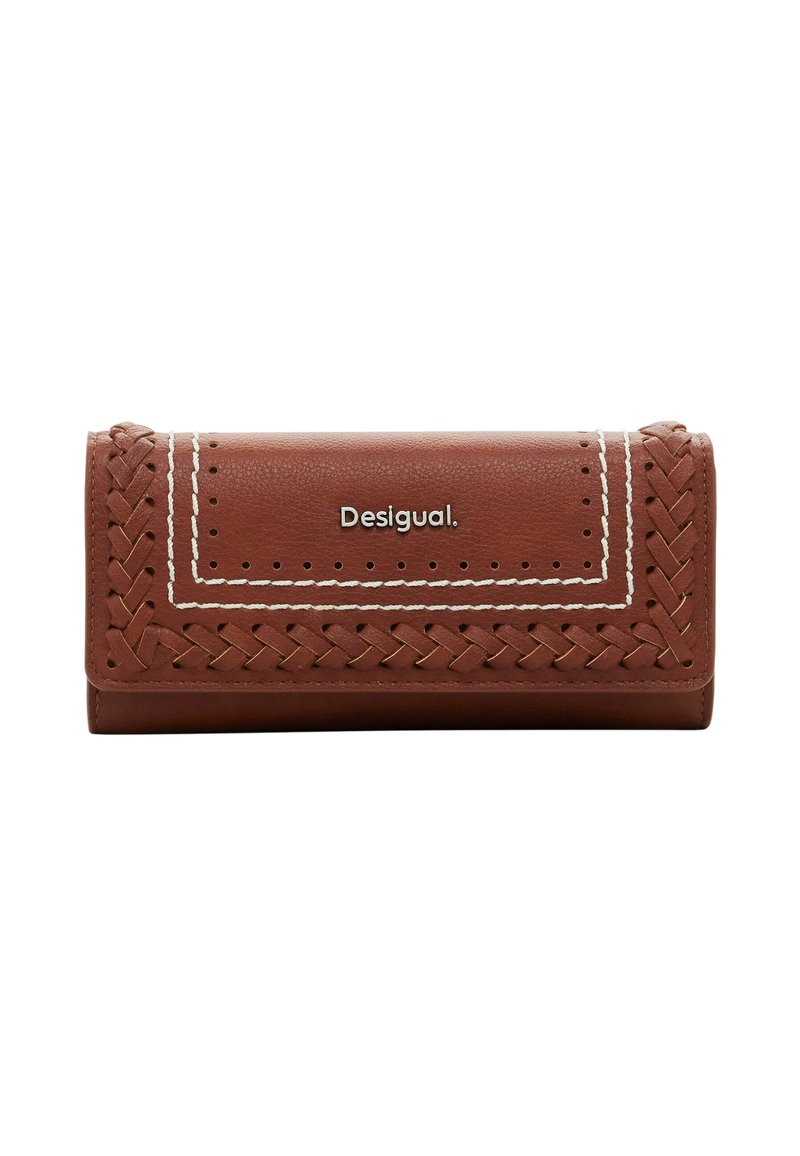 Brown leather wallet with braided design, white stitching, and a silver logo. Features a rectangular shape and smooth texture.