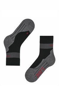 Calze nere alla caviglia con accenti grigi. Presentano una texture a coste, motivi a maglia e lettere rosse per la taglia. Ideali per un abbigliamento casual.