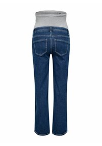 Jeans de mezclilla acampanados con una cinturilla elástica gris. Cuenta con bolsillos traseros y costuras azules. La tela es suave y de peso medio.