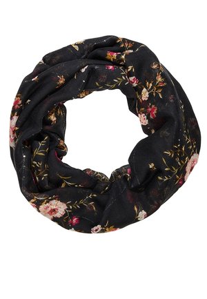 Écharpe infinie noire avec un motif floral présentant des fleurs roses, blanches et rouges avec des feuilles vertes et brunes.