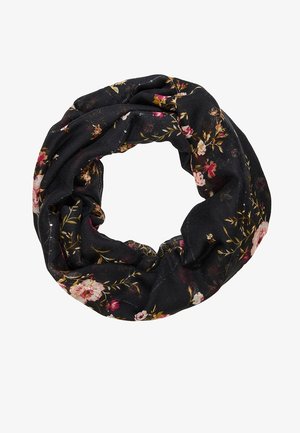 Écharpe infinie noire avec un motif floral présentant des fleurs roses, blanches et rouges avec des feuilles vertes et brunes.