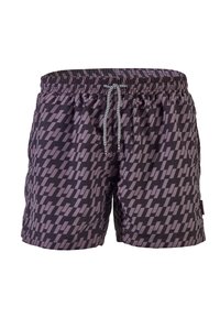 Black and purple patterned swim shorts with an elastic waistband, adjustable drawstring, and a lightweight fabric texture.