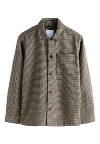 Giacca camicia a scacchi marrone e beige, con colletto, caratterizzata da una chiusura con bottoni, maniche lunghe e una tasca sul petto. Tessuto testurizzato con un motivo classico.