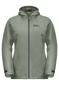 Jasnozielona wodoodporna kurtka z kapturem, pełnym zamkiem błyskawicznym i czarnymi akcentami na mankietach. Posiada logo na lewej piersi. Gładka, elegancka tekstura.
