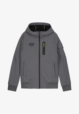 Veste à capuche grise en tissu soft-shell, dotée d'une poche poitrine zippée, de poches latérales, de poignets élastiques et d'un logo sur la poitrine.